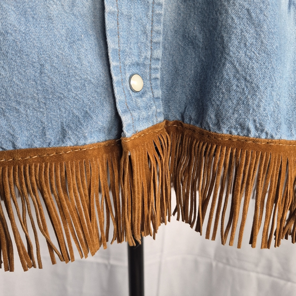 Wrangler Denim Pearl Snap Fringe Shirt Sz 16 Blue Watercolor Tie Dye Cowgirl - Picture 4 of 13
